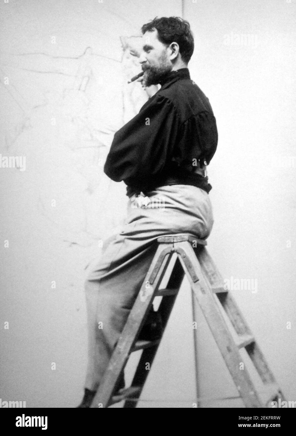 Alphonse Mucha travaille sur une affiche pour la maison d'édition Cassan, 1896. Alfons Maria Mucha (1860 -1939) est un peintre, illustrateur et graphiste tchèque de style Art nouveau, Banque D'Images