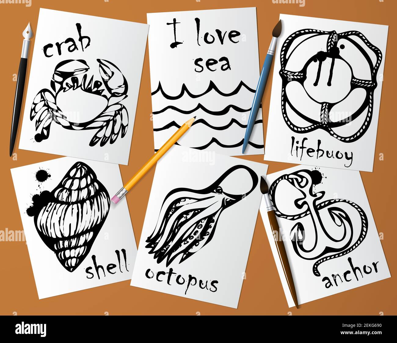 Dessins graphiques d'animaux marins faits de mascara noir sur papier blanc. Crayon, pinceau et stylo sur la table. Dessin et créativité sur le thème de la mer Illustration de Vecteur
