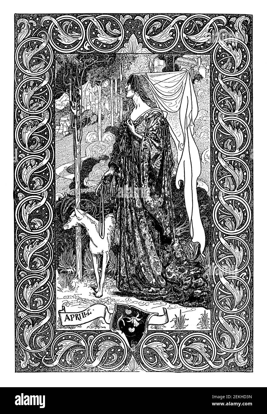 Aprille, illustration de la ligne par Charles Robinson, des suiteurs d'Aprille par l'auteur irlandais Norman Garstin, de 1900 The Studio an Illustrated Magazi Banque D'Images