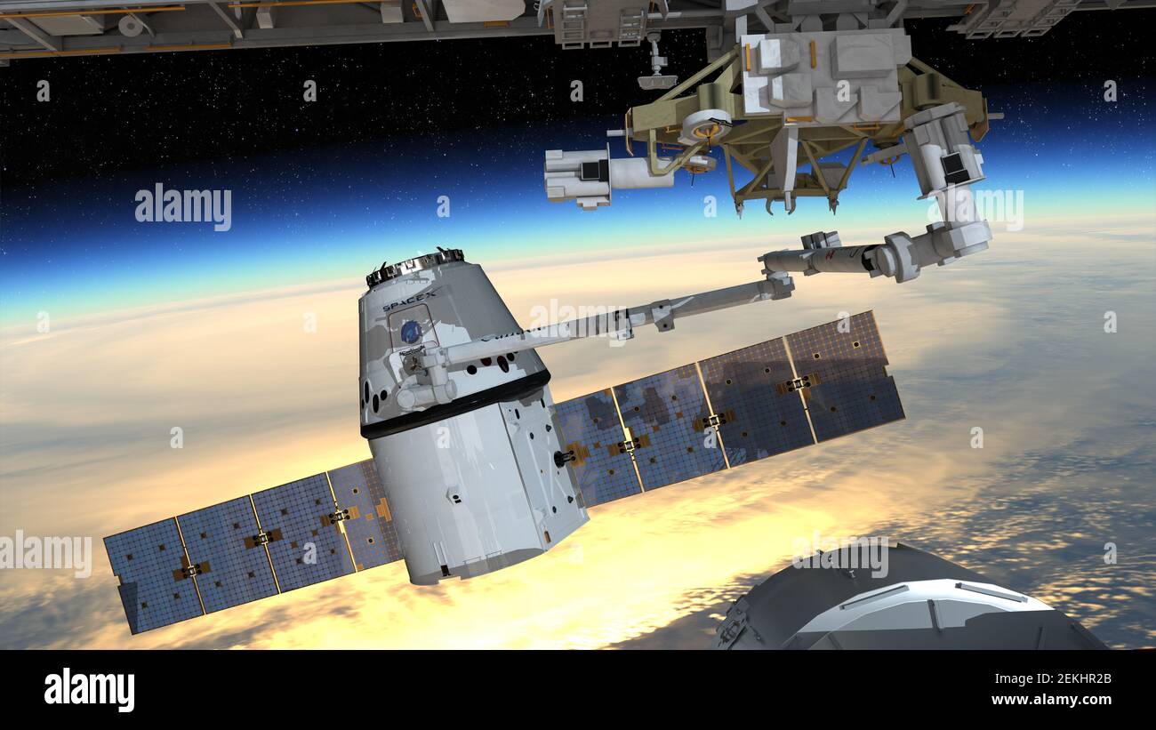 SpaceX Dragon s'est amarré à la Station spatiale internationale dans le cadre d'une autre mission pour la NASA. Éléments de cette image fournis par la NASA. Banque D'Images