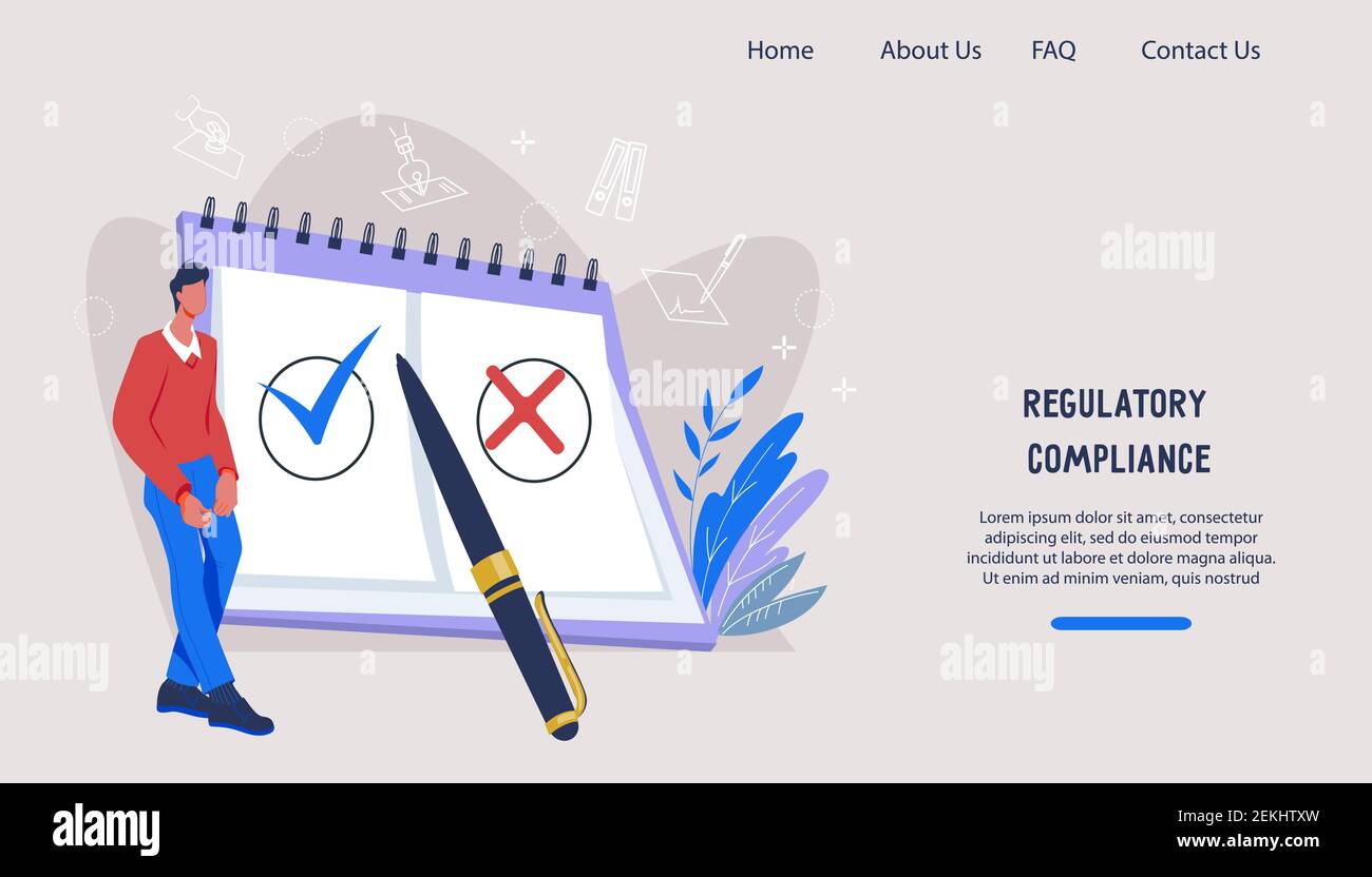 Modèle de bannière de site Web sur la conformité réglementaire, thème des règles de l'entreprise. Mise en page de la page d'accueil pour la réglementation des documents, la politique commerciale de l'entreprise et la loi Illustration de Vecteur