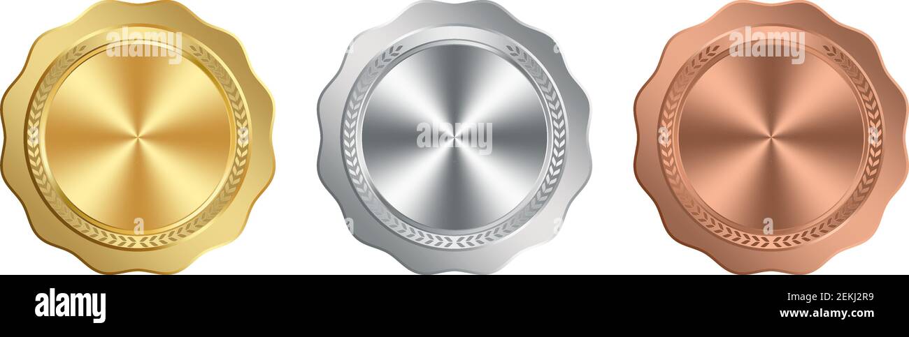 Médaillon vecteur en or, argent, bronze sur fond blanc isolé. Illustration vectorielle avec dégradés lisses et couronne de Laurier lors de la cérémonie olympique. Illustration de Vecteur
