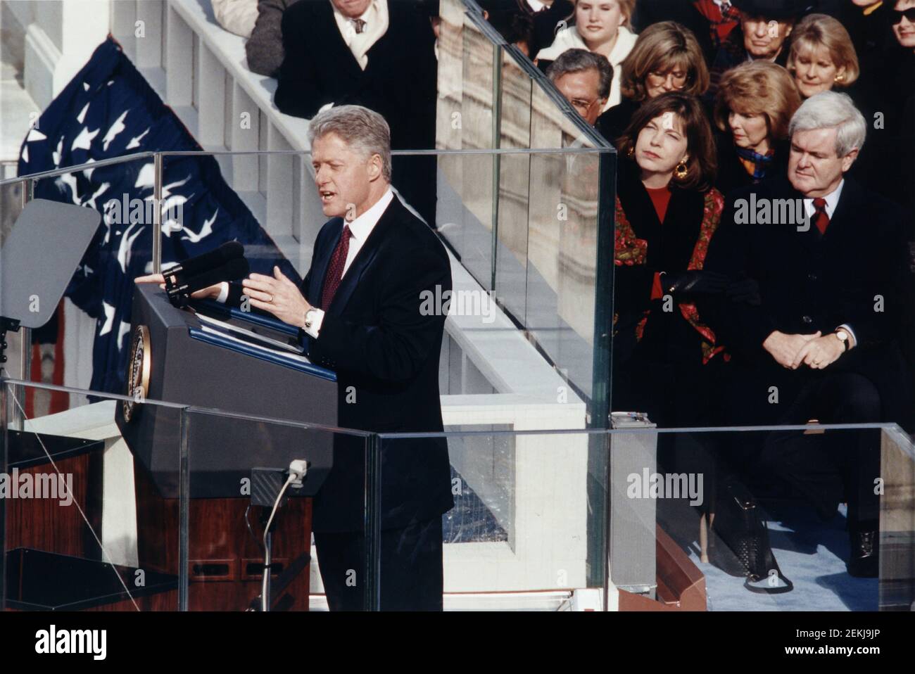 Le président américain Bill Clinton a prononcé son discours inaugural sur le front ouest du Capitole des États-Unis, Washington, D.C., États-Unis, Architect of the Capitol Collection, le 20 janvier 1997 Banque D'Images
