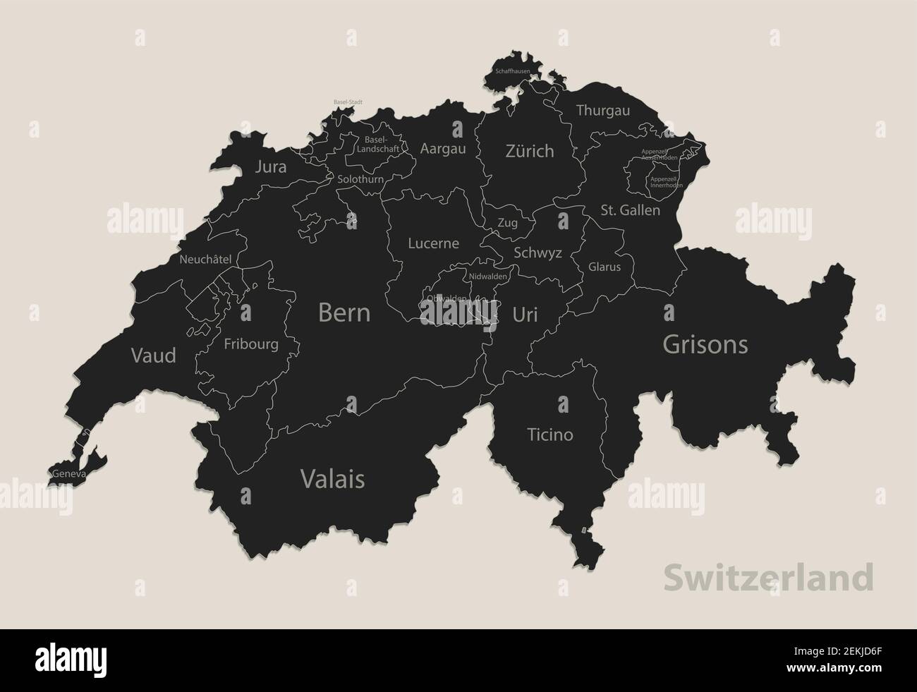 Carte noire de la Suisse avec les noms des régions, dessin noir de vecteur de tableau noir Illustration de Vecteur