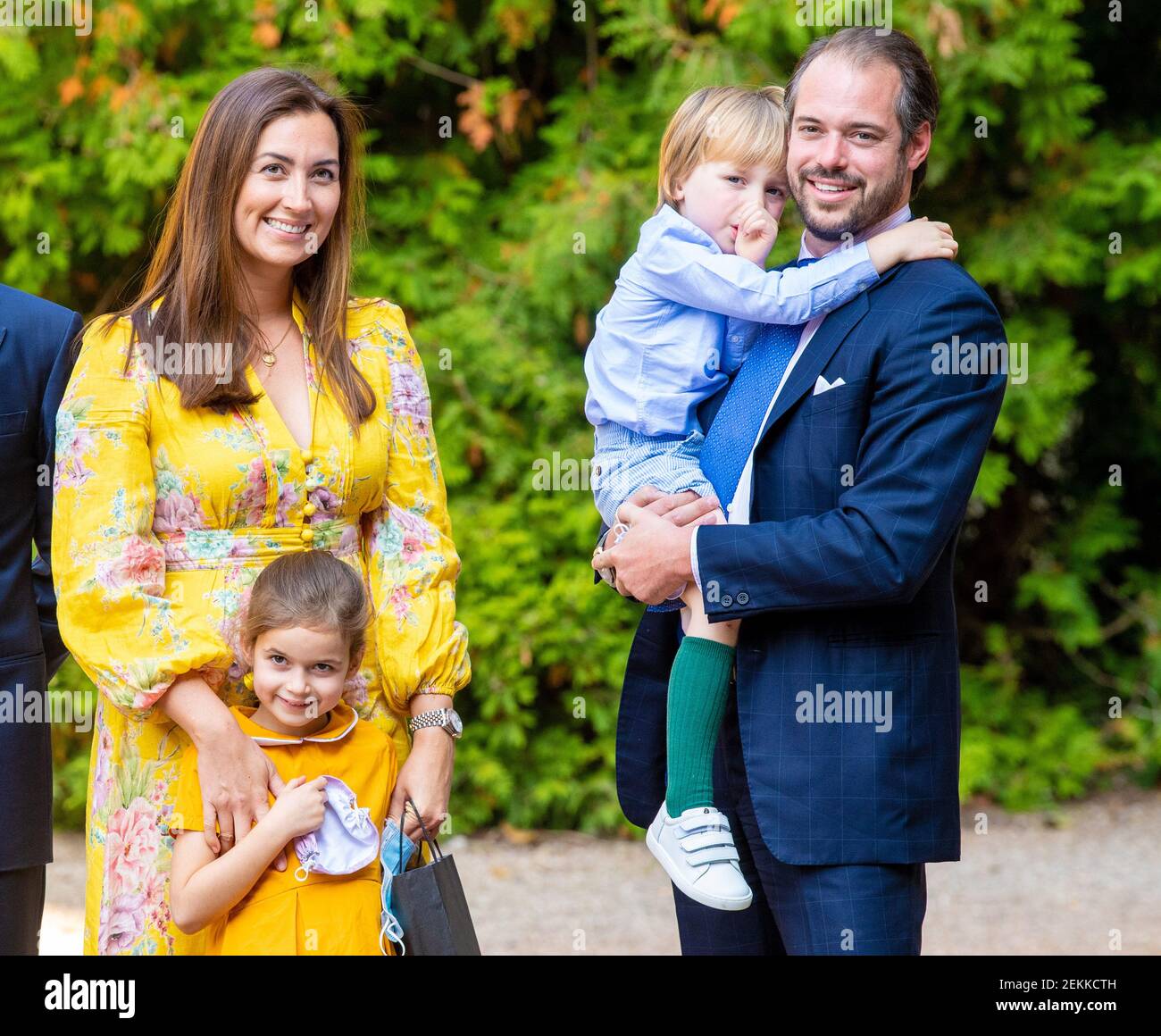 Le prince Felix et la princesse Claire de Luxembourg avec leurs enfants la princesse Amalia et le prince Liam lors du baptême du prince Charles de Luxembourg, à l'Abbaye Saint-Maurice à Clervaux, Luxembourg. (Photo par DPPA/Sipa USA) Banque D'Images