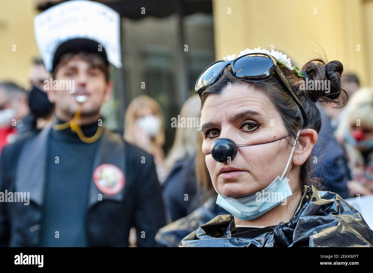 Rome, Italie. 23 février 2021. Acteurs, danseurs, travailleurs du secteur de l'art et du divertissement manifestation nationale contre les restrictions de Covid-19, sur la place Montecitorio, en dehors du Parlement italien crédit: LSF photo/Alamy Live News Banque D'Images
