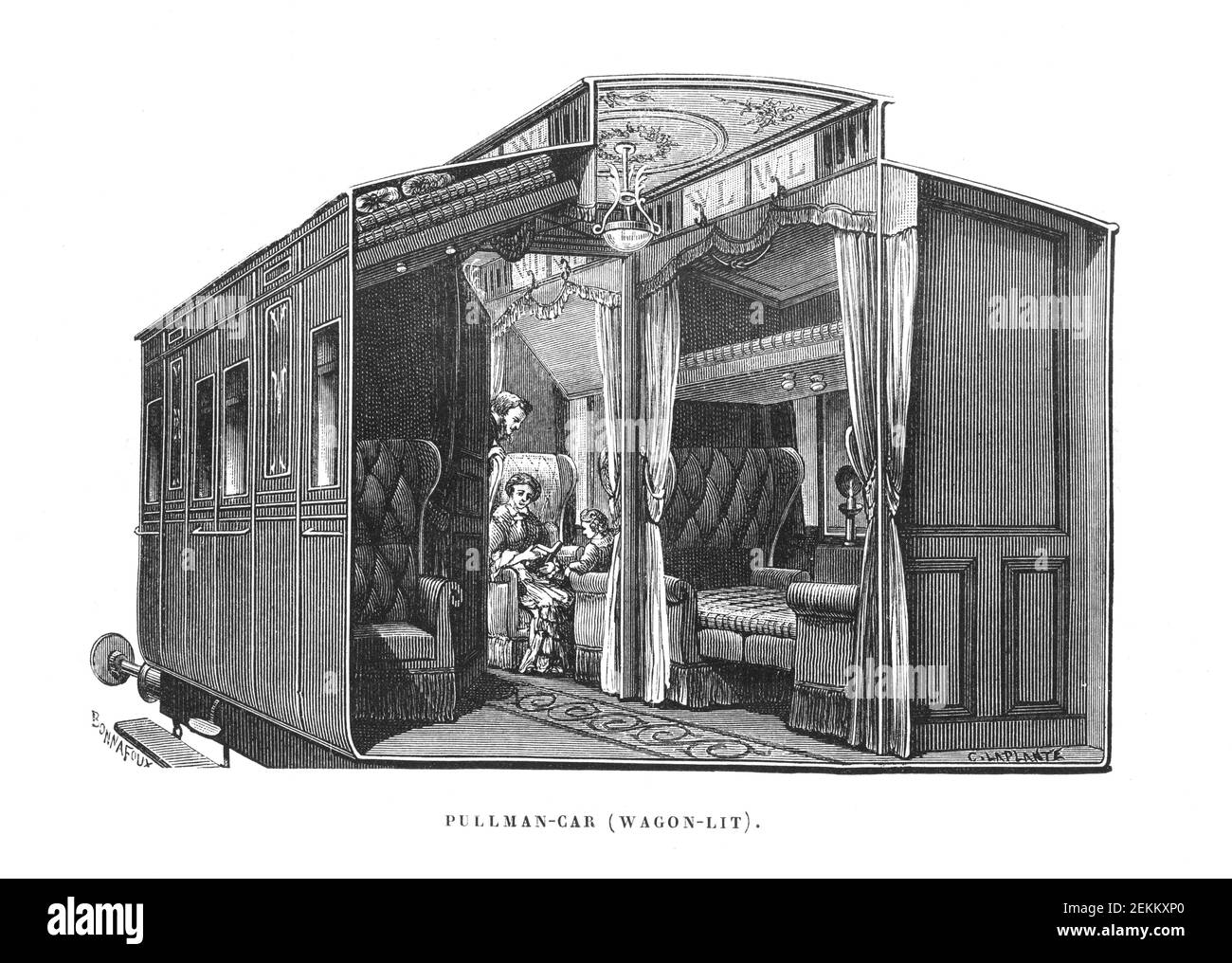 Intérieur d'un wagon pullman du XIXe siècle éclairé en 1871; intérieur familial; décoration élégante; gravure dans le livre "Promenade automobile du monde 1871", f Banque D'Images