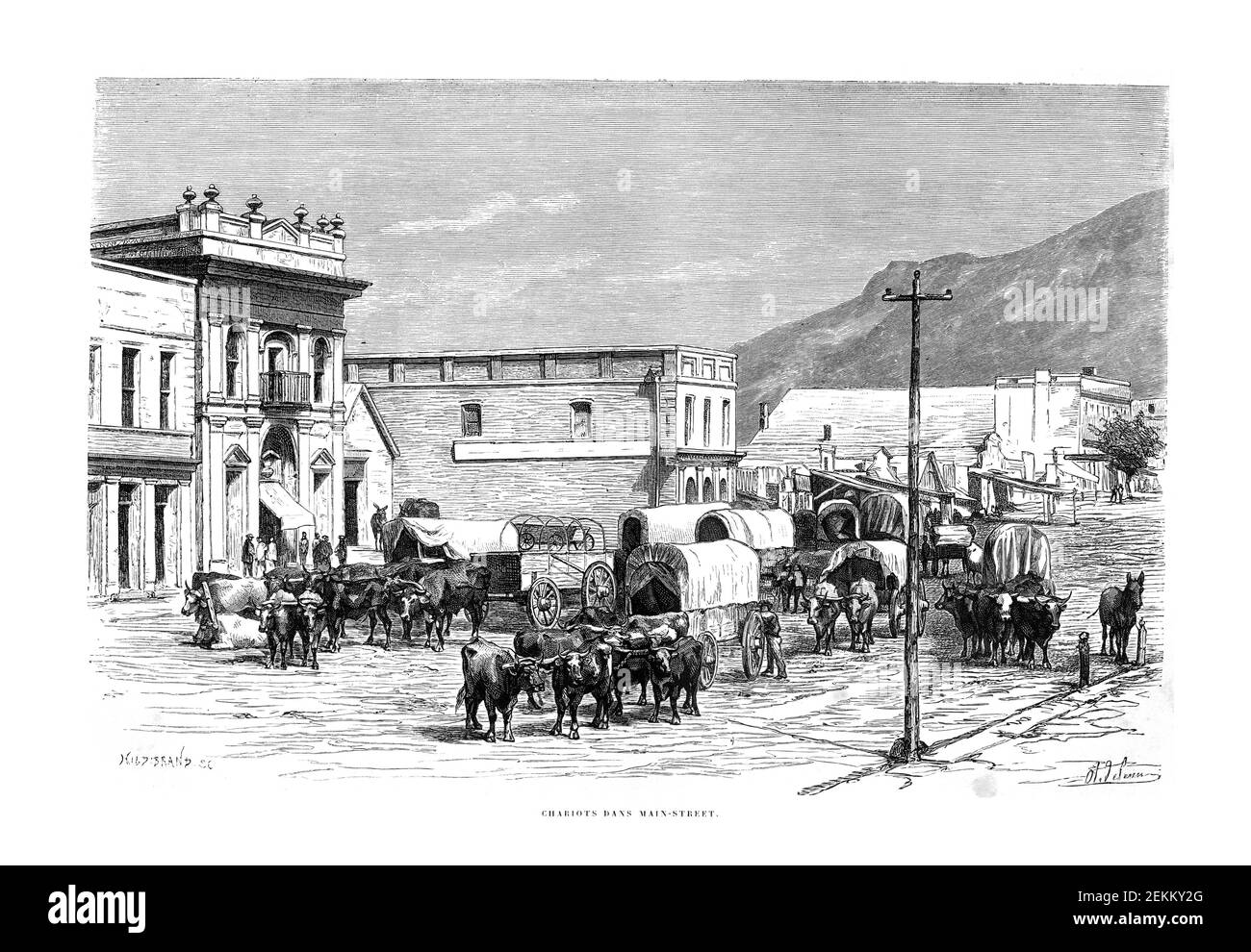 19 e siècle ox-wagons dans la rue principale de Salt Lake en 1871, gravure dans le livre “Promenade automobile du monde 1871”, cinquième édition, Paris, 1877, digitall Banque D'Images