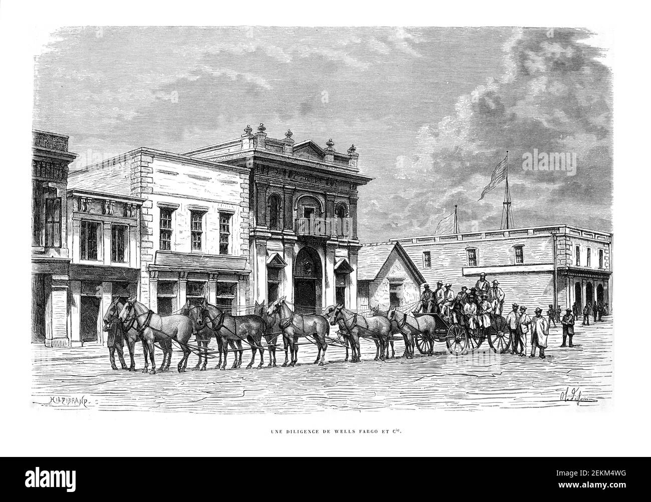 19 ème siècle West Fargo & co. Stagecoach, Salt Lake City Street en 1871, gravure dans le livre “Promenade automobile du monde 1871”, cinquième édition, Paris Banque D'Images