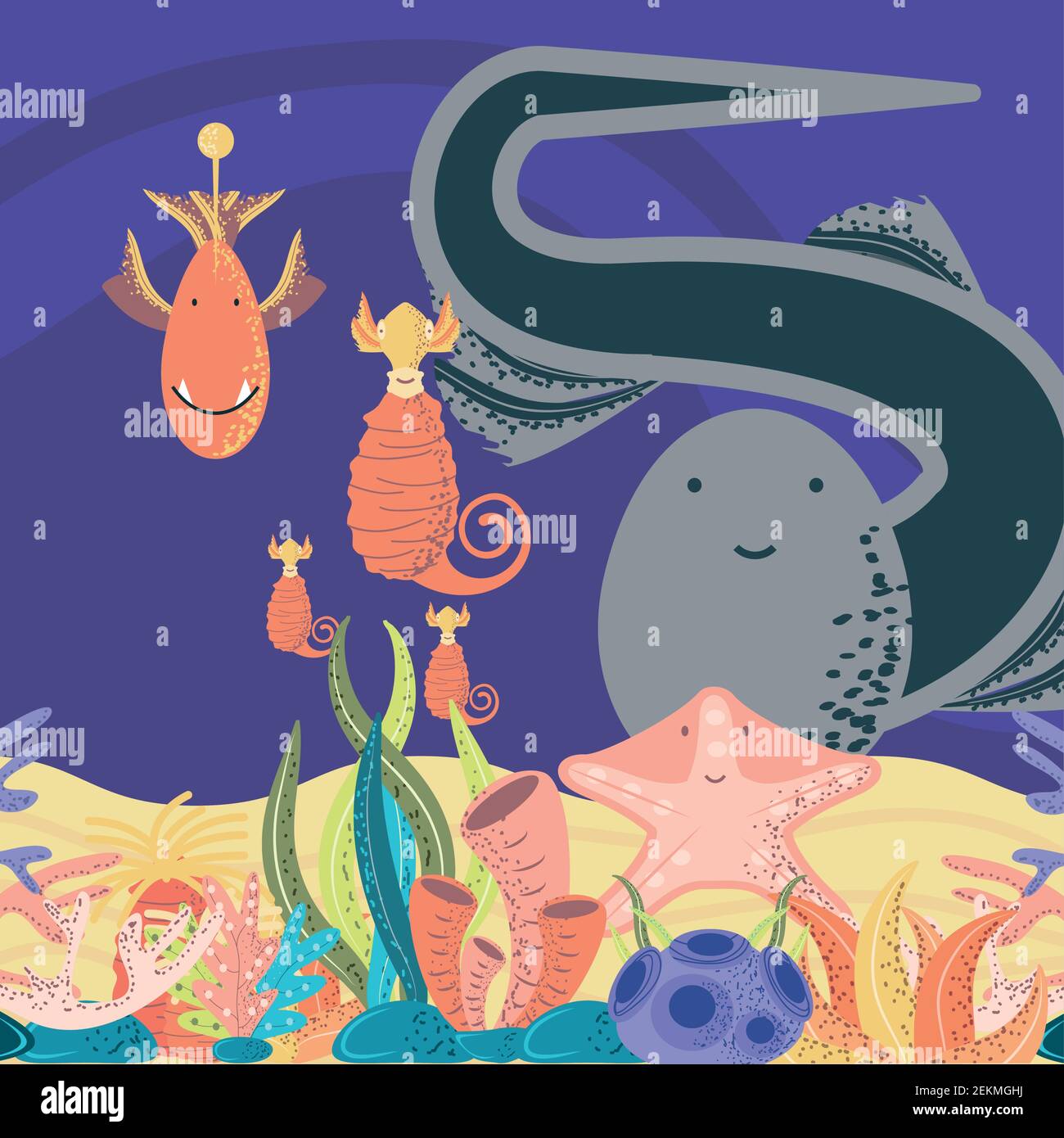 sous-marin monde anguille hippocampe étoile de mer sable corail vecteur bande dessinée illustration Illustration de Vecteur