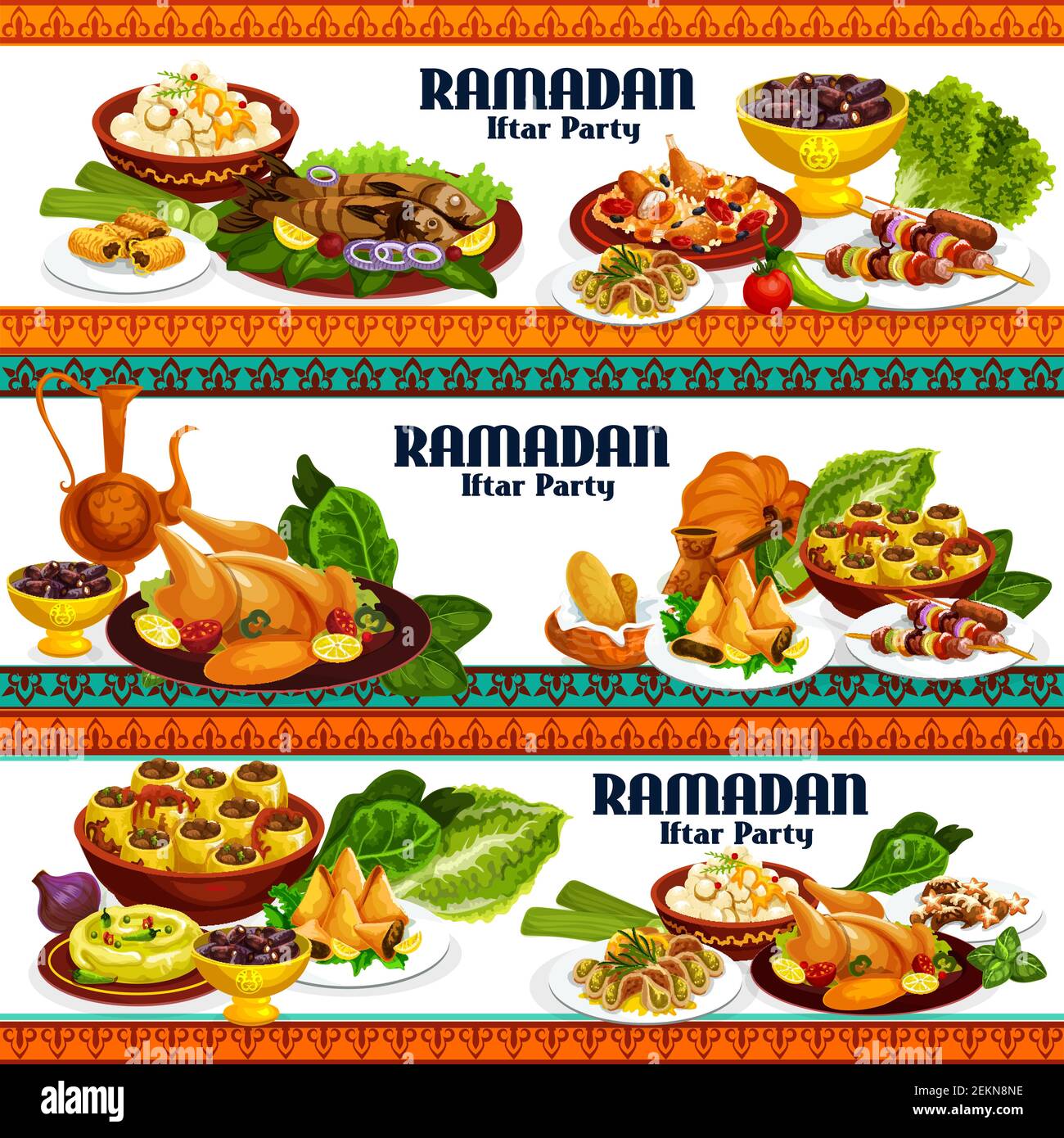 Nourriture de fête de l'iftar de Ramadan Kareem vacances. Café, dattes et poulet biryani, kebab, baklava et samosa, houmous, boules de pois chiches et poissons grillés, stu Illustration de Vecteur