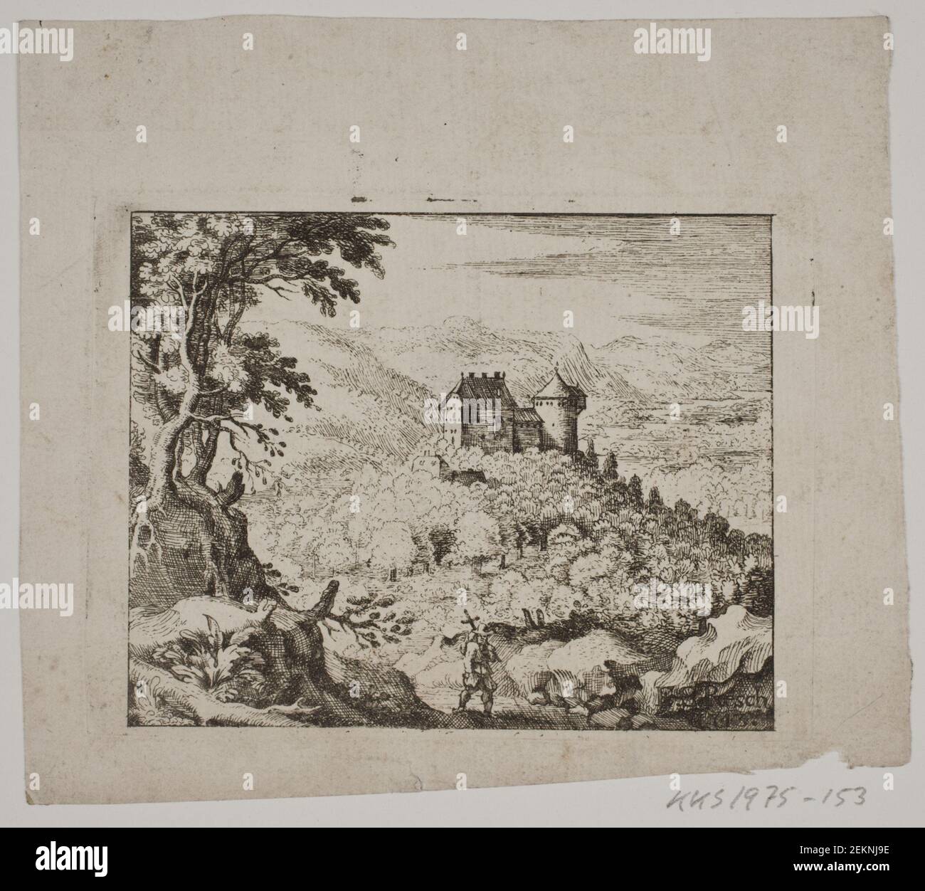 Erasmus Sigismund Resch (1728-1797), paysage montagneux avec un château et un homme marchant, 1743 Banque D'Images
