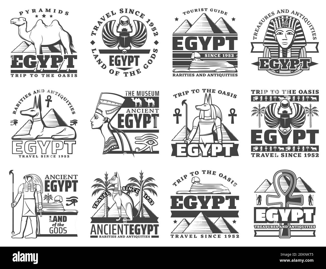 Icônes de voyage en Égypte et de monuments du Caire. Vecteur pyramides anciennes du pharaon égyptien, sphinx et momie, Anubis et signe des yeux, chameau et croix copte. Deser Illustration de Vecteur Icônes de voyage en Égypte et de monuments du Caire. Vecteur pyramides anciennes du pharaon égyptien, sphinx et momie, Anubis et signe des yeux, chameau et croix copte. Deser Illustration de Vecteur