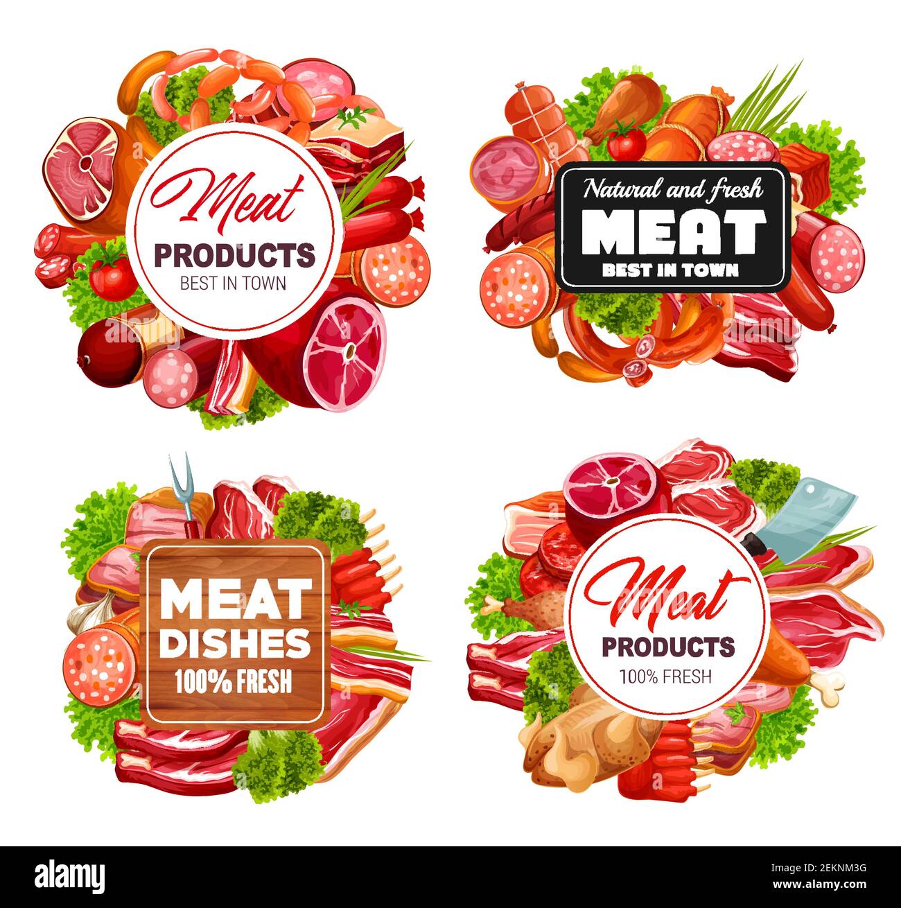 Boucherie viande et saucisses, boucherie produits alimentaires et épicerie fine. Porc vectoriel, viande de boeuf et côtes de mouton, steak sirloin, barbecue rapide Illustration de Vecteur