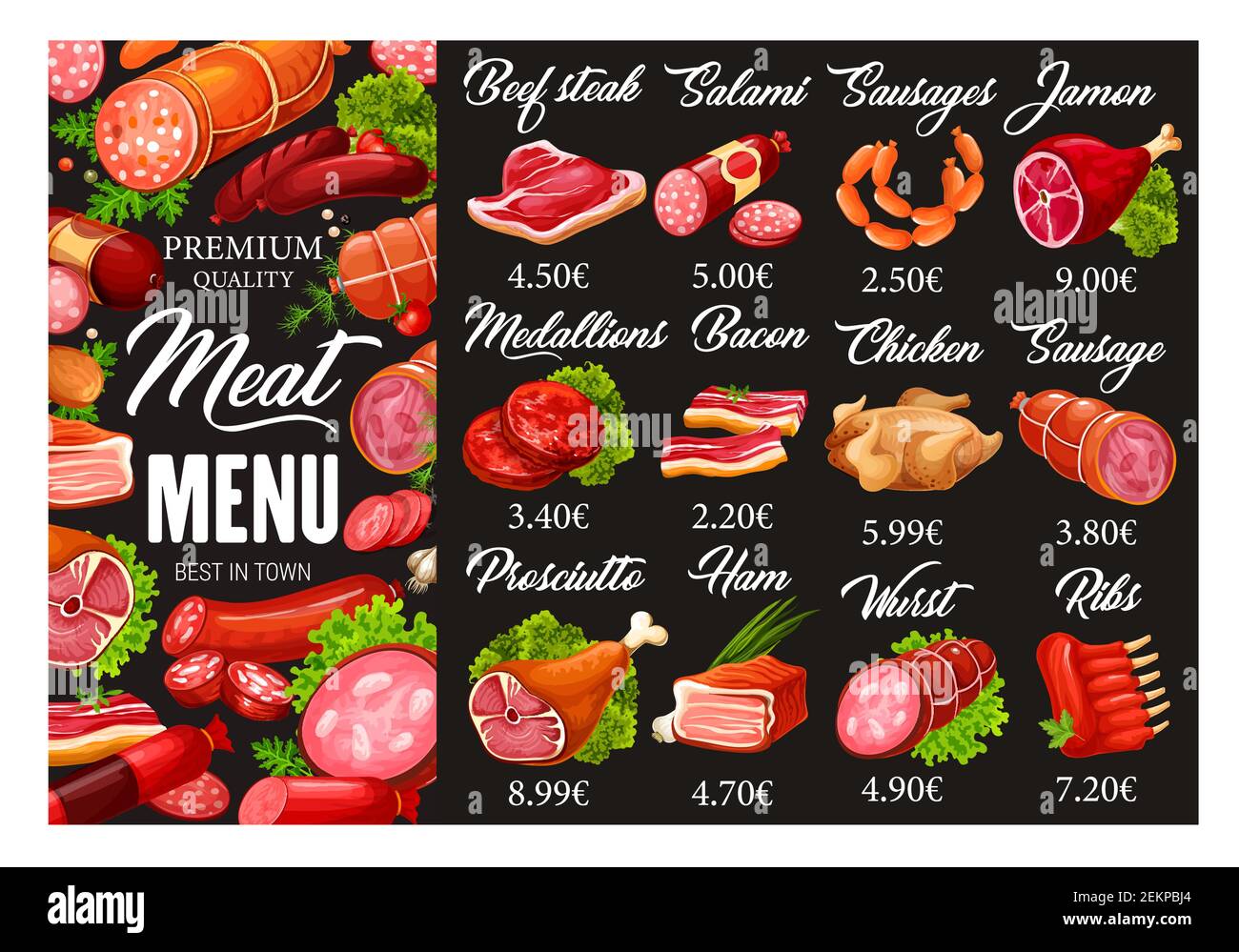Menu viande et saucisses du boucher. Produits de boucherie de qualité Vector et délicatesse gastronomique de steak de boeuf, saucisse de salami et jambon, viande meda Illustration de Vecteur