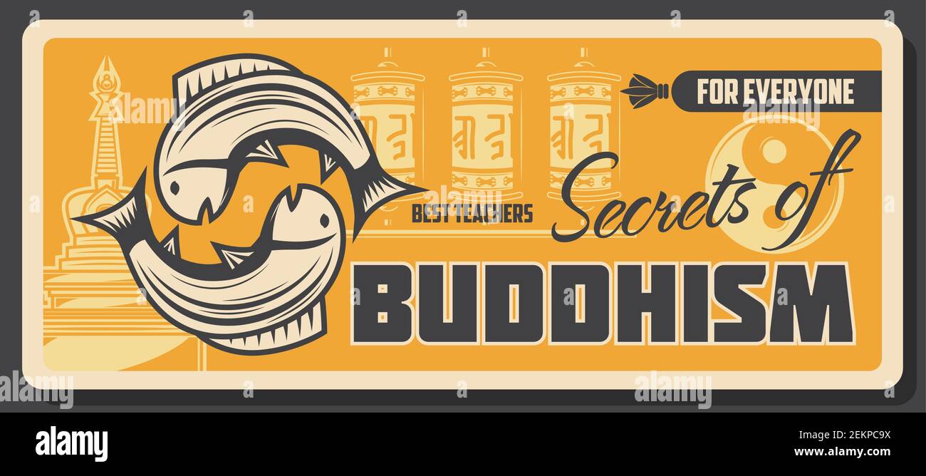 Bouddhisme école religieuse, centre d'apprentissage et d'enseignement Vector Buddhiboum tranquillité spirituelle et Dharma illumination, Yin Yang, carpe poisson signe et t Illustration de Vecteur