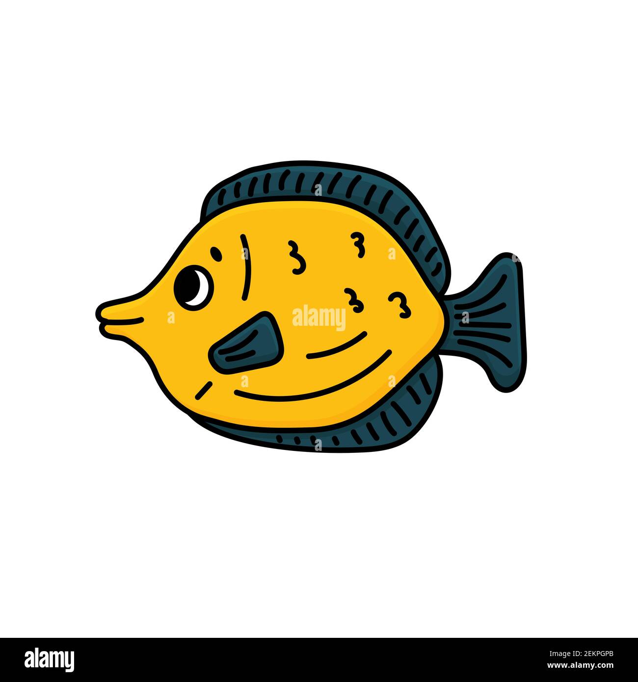 Jaune mignon dessin animé dessin animé tang poisson. Outline Animal est isolé sur fond blanc. Les yeux et la bouche sont visibles Illustration de Vecteur