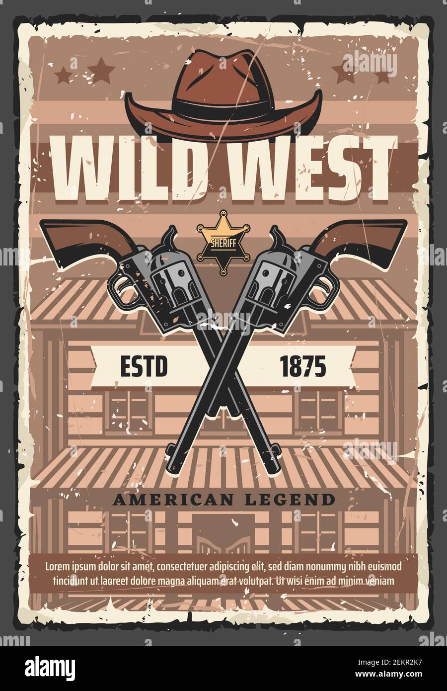 Affiche rétro WESTERN vintage, chapeau de cow-boy Wild West, badge shérif  de la police et revolver. Vector American Western cowboy saloon and bandit  or r Image Vectorielle Stock - Alamy