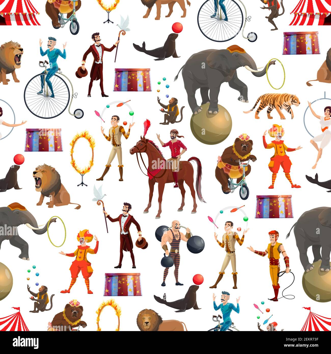 Spectacle de cirque avec motif fluide. Fond vectoriel du tamère de cirque avec lion dans anneau de feu, éléphant et singe, muscleman et ours sur bicyc Illustration de Vecteur