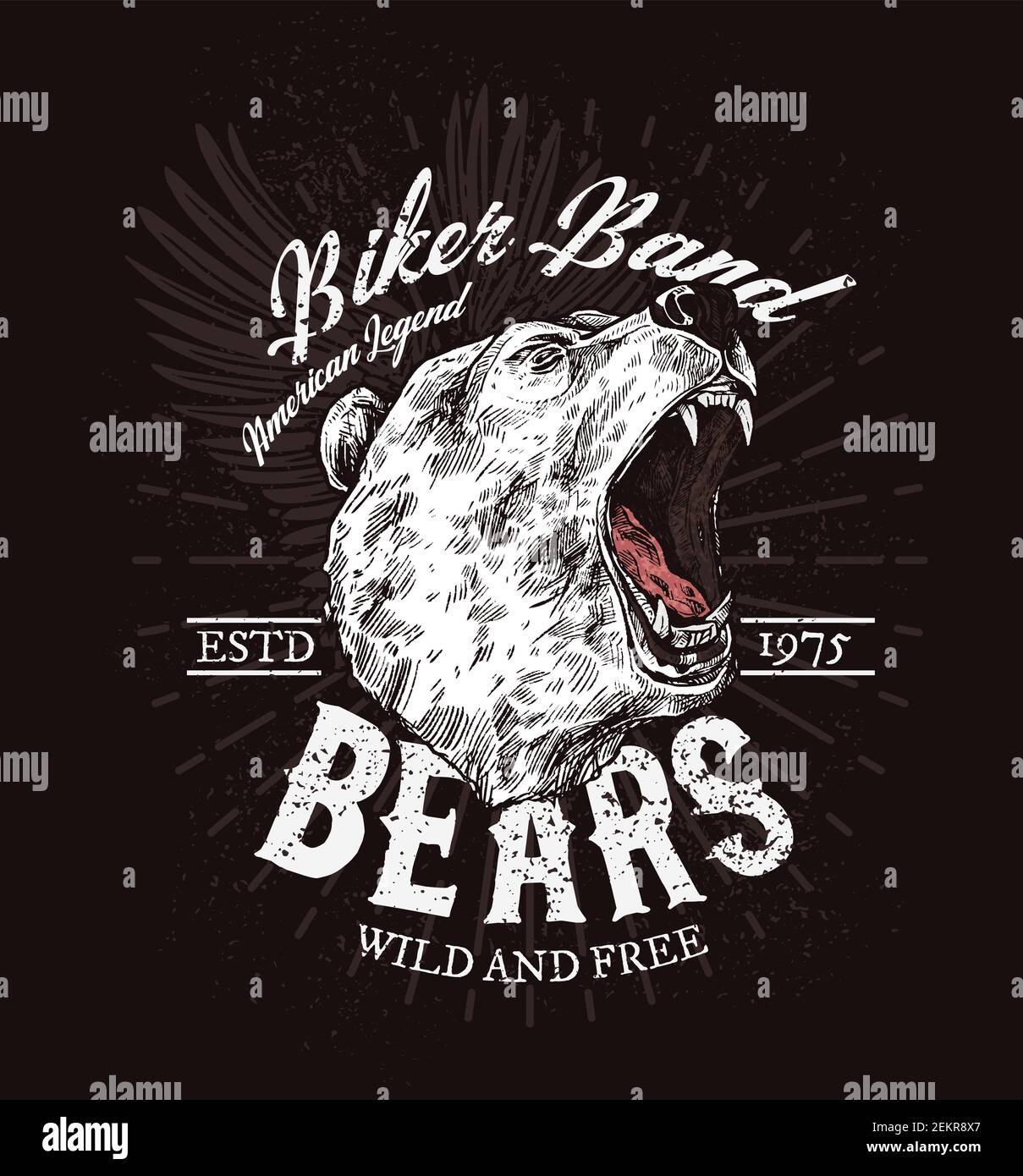 Modèle de patchwork à imprimé t-shirt du club de moto, motif ours rugissant. Badge Vector American Biker Club, citation sauvage et gratuite, ours grizzli avec fangs, rocker b. Illustration de Vecteur