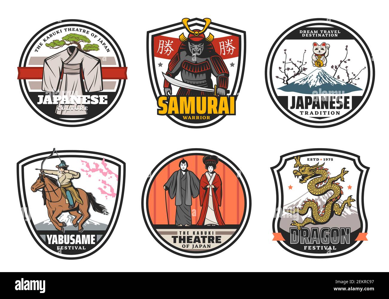 Icônes de la culture, de la tradition et de la religion japonaises. Kimono vectoriel, guerrier samouraï, festival yabusame, théâtre kabuki Japan, dragon, Mont Fuji. Geisha Illustration de Vecteur