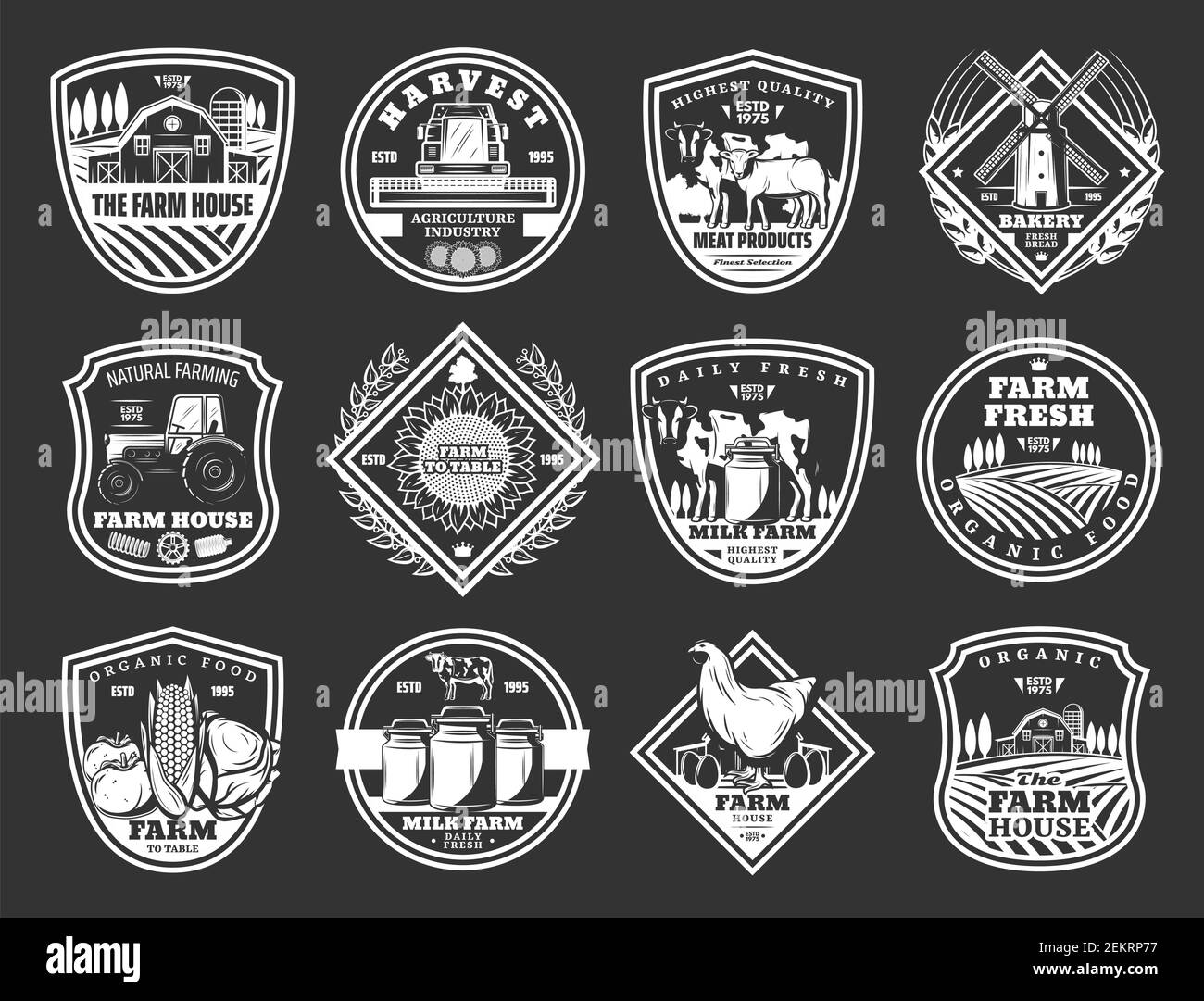 Icônes de la ferme et de l'agriculture, de la viande et des produits laitiers. Élevage de bétail vectoriel, récolte de fruits et légumes agraires, moulin de blé et de seigle à la grange, Illustration de Vecteur