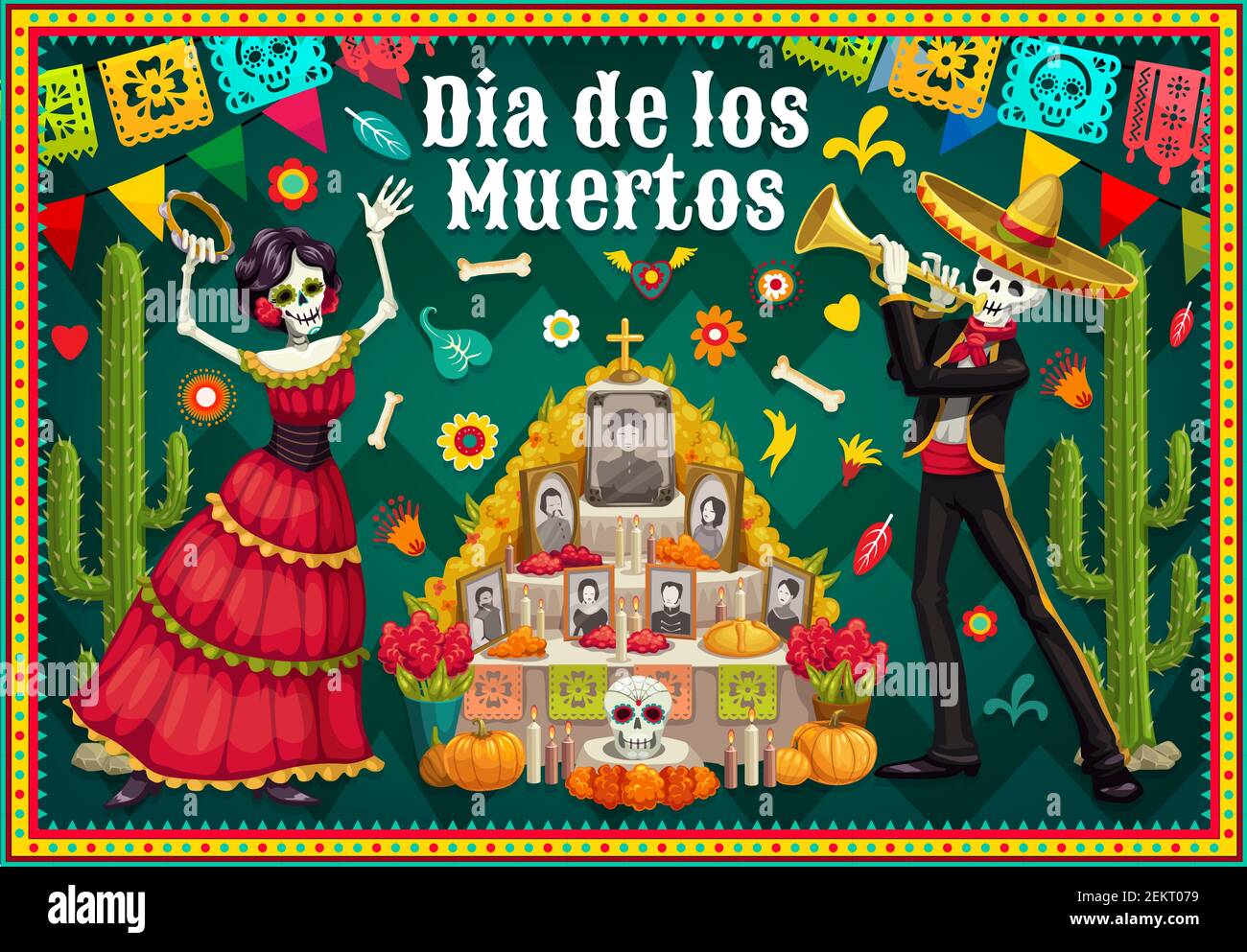 Dia de los Muertos autel et danse squelettes dessin vectoriel de la Journée mexicaine des morts. Catrina et mariachi musicien avec crâne de sucre, flux de marigold Illustration de Vecteur