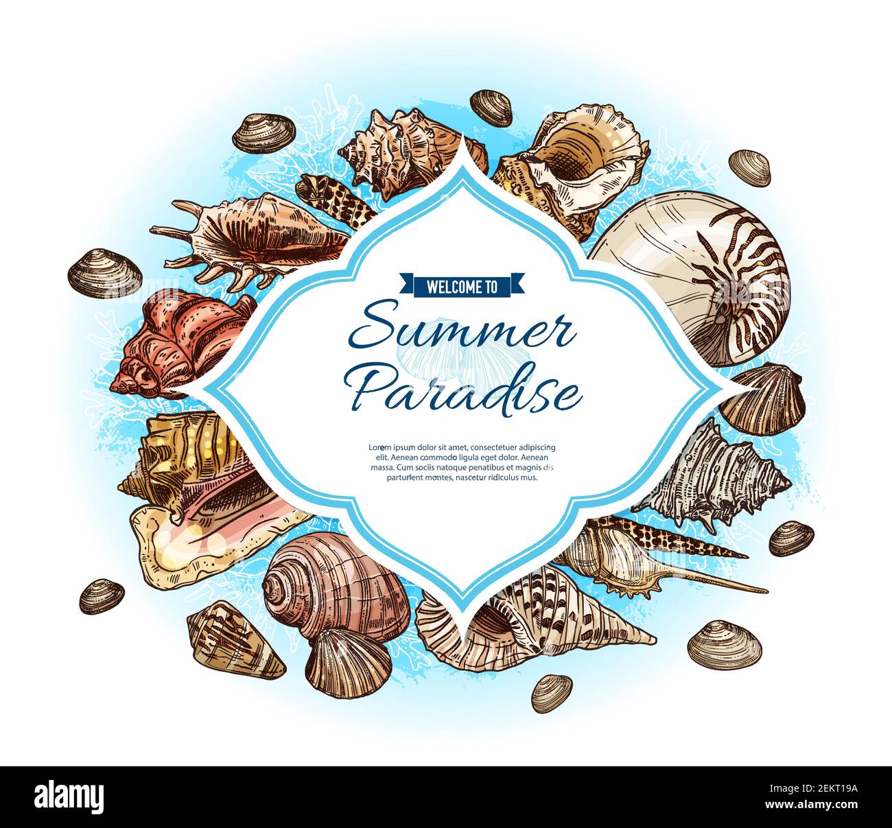 Carte vectorielle Summer Paradise avec croquis de corail marin et de seashell. Coquillages, mollusques et conches, escargots, palourdes et pétoncles sur les plages tropicales Illustration de Vecteur
