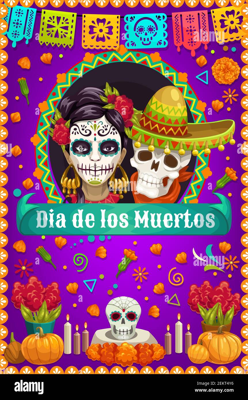 Jour des crânes morts et de la mort Catrina vecteur conception de Mexico Dia de los Muertos. Crânes de sucre et squelettes avec fleurs de marigold, festival de musique Illustration de Vecteur