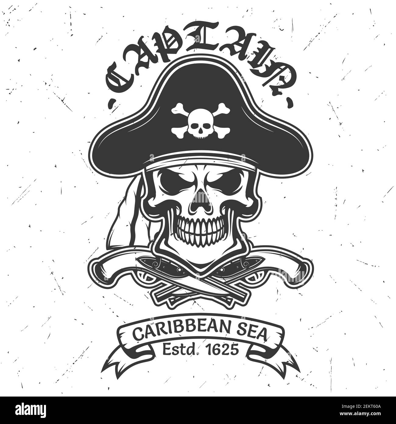 T-shirt à motif vectoriel de crâne pirate avec motif vêtements tendance. Tête de squelette en chapeau de capitaine, crossbone et canons, bandana et bannière de ruban vintage avec Illustration de Vecteur