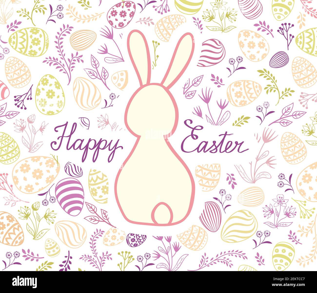 Carte de vœux joyeuses Pâques. Bakground de vacances de printemps avec lapin et lettrage manuscrit JOYEUSES PÂQUES sur la ligne dessinée icônes de Pâques oeufs et fl Illustration de Vecteur