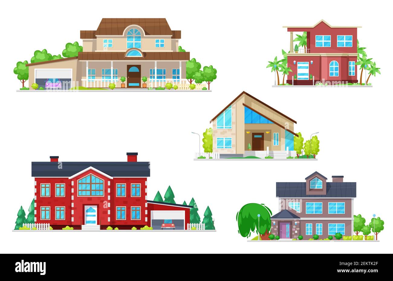 Maison et maison de construction icônes vectorielles de chalets de village avec toits, portes et fenêtres, garages, cheminées, arbres de jardin et herbe verte. Immobilier, Illustration de Vecteur