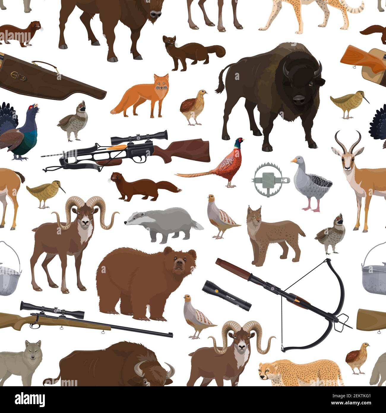 Animaux de chasse, oiseaux, fusils de chasse et équipement de sport modèle sans couture. Arrière-plan vectoriel de l'ours, de la jaguar africaine et de l'antilope, du fusil, du renard et du fusil Illustration de Vecteur