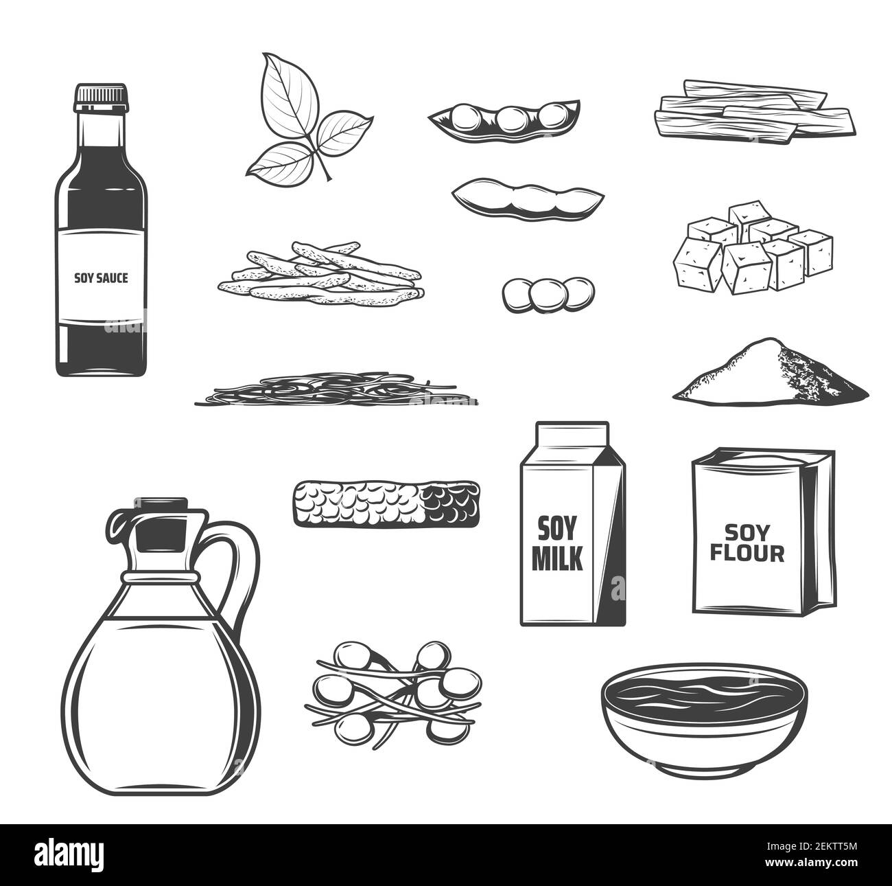 Croquis de soja de nourriture et de boisson de soja vecteur. Graines de soja, tofu et lait, huile, tempeh, sauce miso et pâtes, peau, viande et farine, ragoût Illustration de Vecteur