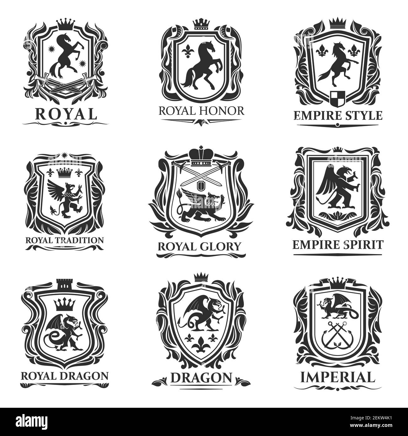 Animaux héraldiques, boucliers héraldiques royaux avec dragons et créatures médiévales. Vecteur Pegasus cheval et lion, couronne impériale et fleur de lis héraldique Illustration de Vecteur