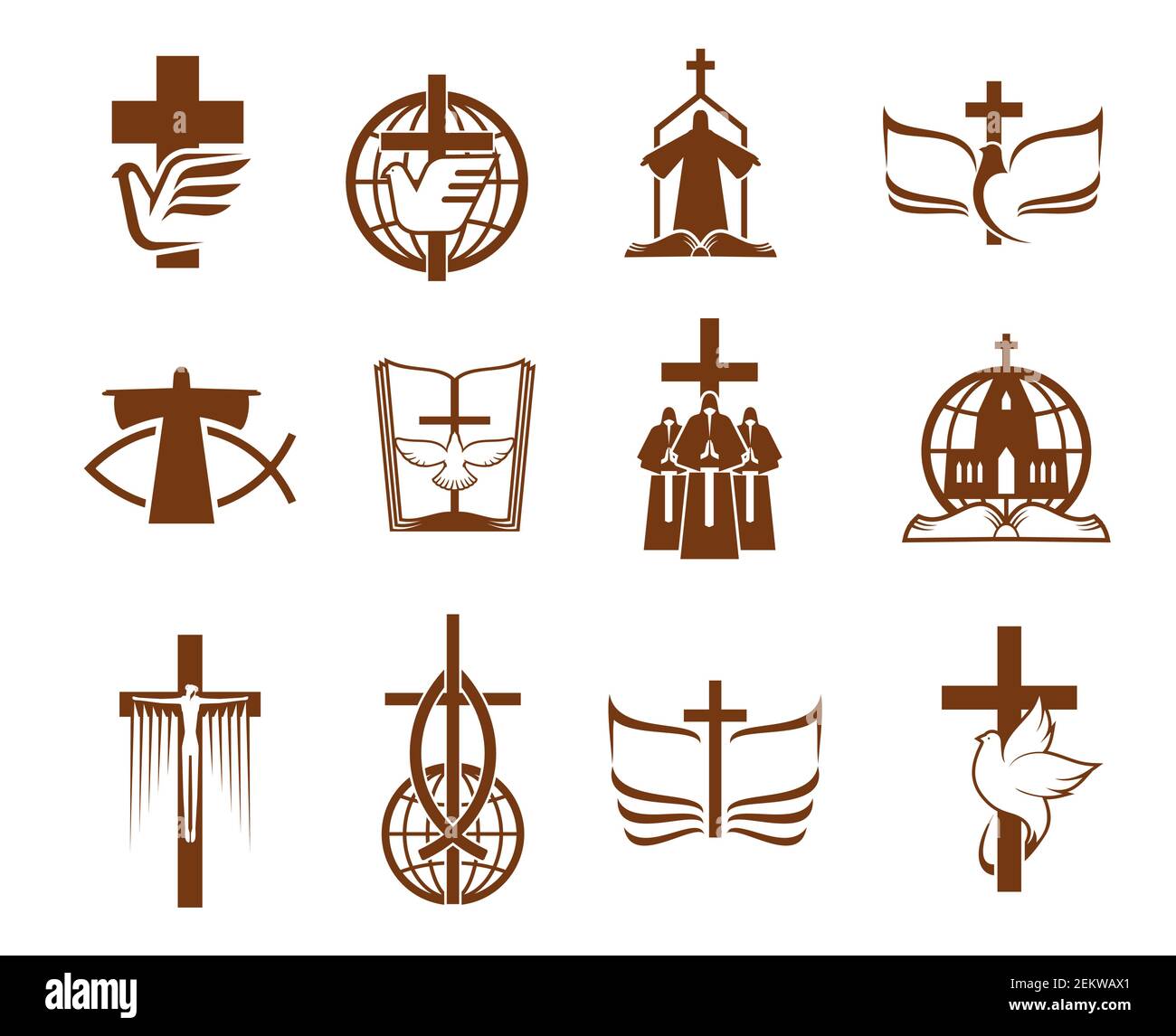 Jésus sur la croix, la Bible de Dieu et les icônes vectorielles colombes de la religion chrétienne. Prières religieuses, prêtre et globes, ange, livre Saint et église, crucifix, rp Illustration de Vecteur