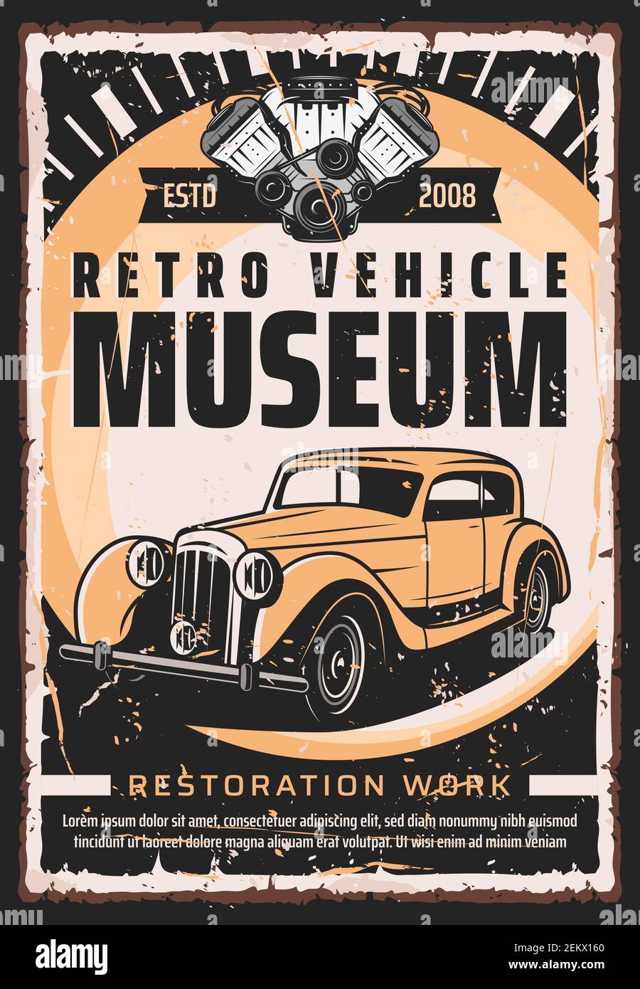 Le musée des voitures anciennes d'époque et les moteurs de voitures rares montrent une affiche rétro. Centre de restauration de transport rétro Vector, entretien mécanique de réparation de moteur Illustration de Vecteur