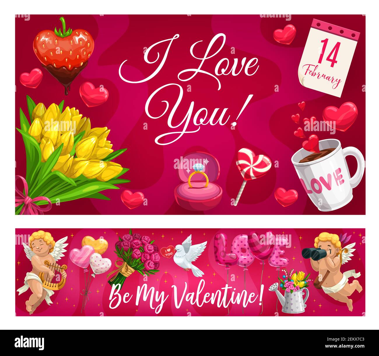 Je t'aime et je suis mon lettrage de Saint-Valentin, symboles d'amour. Vector cupids avec jumelles et harpe, coeurs et colombes, tasse de café, bonbons. SHA. Cœur Illustration de Vecteur