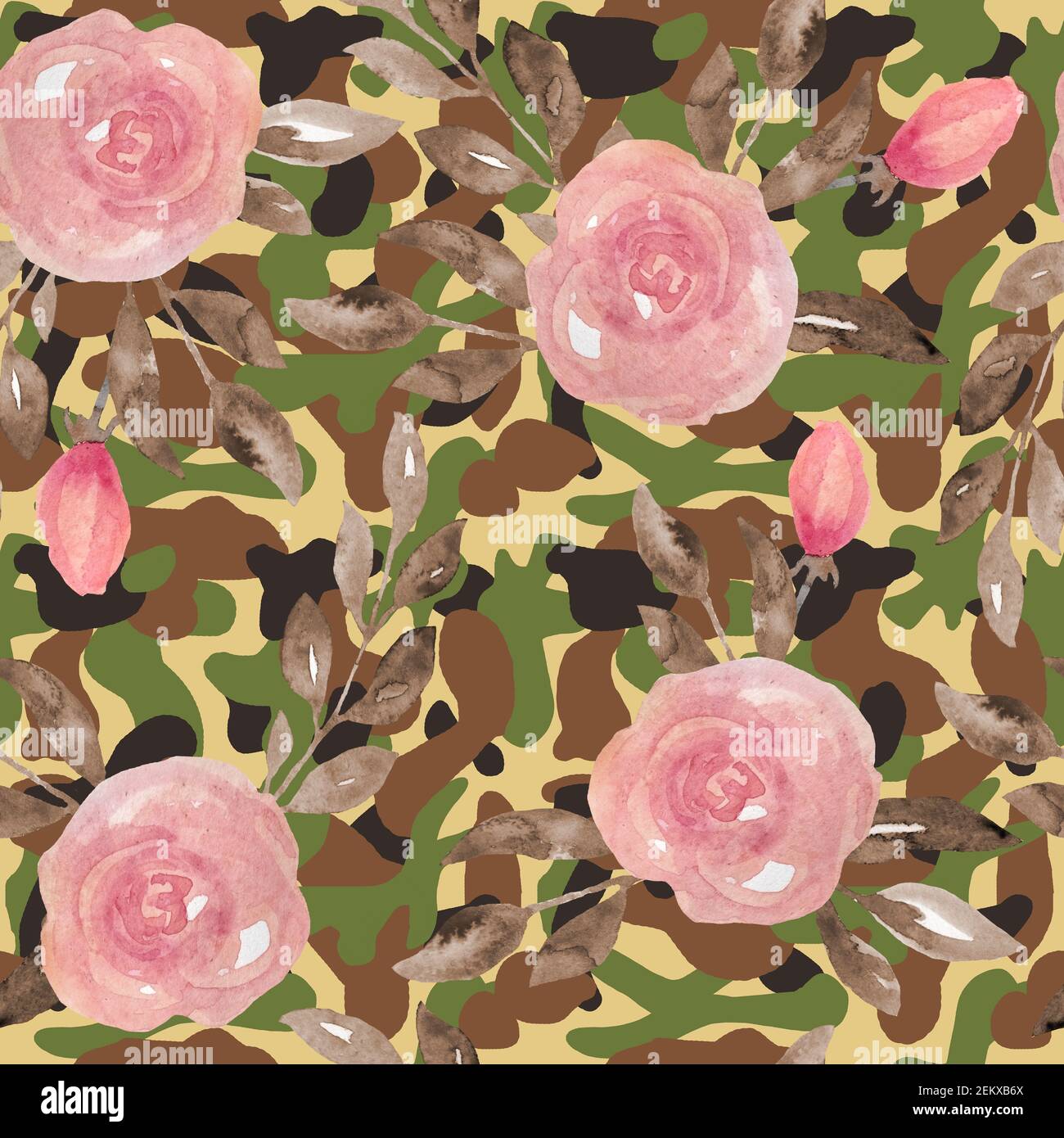 Motif camouflage fleuri sans couture avec fleurs roses roses. Motif militaire, textile pour masquer la chasse. Imprimé pour les soldats de guerre dans la forêt désertique de jungle en plein air, texture tendance Banque D'Images