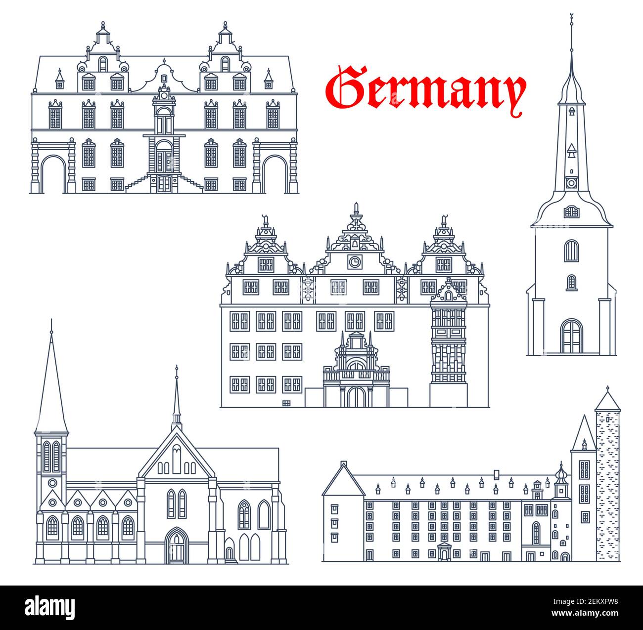 Allemagne monuments architecture, ville allemande vecteur icônes des cathédrales et églises bâtiments dans Schleswig Holstein. Cathédrale de Meldorf et Glueckstadt Illustration de Vecteur