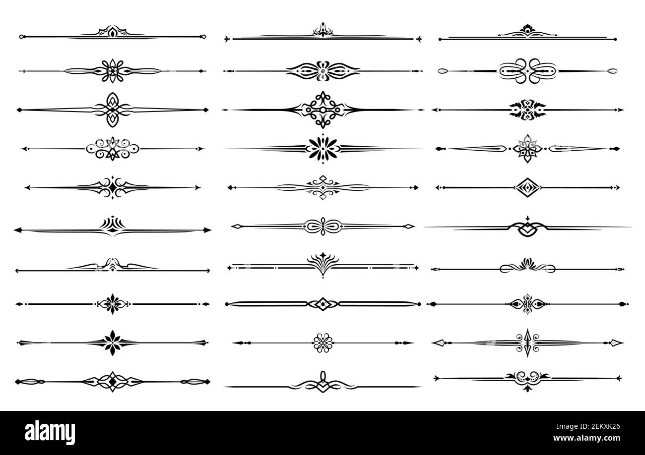 Bordures de ligne, séparateurs et lignes de cadre avec ornements floraux et tribaux vectoriels. Éléments de calligraphie ornés avec tourbillons, flèches et feuilles de vigne Illustration de Vecteur