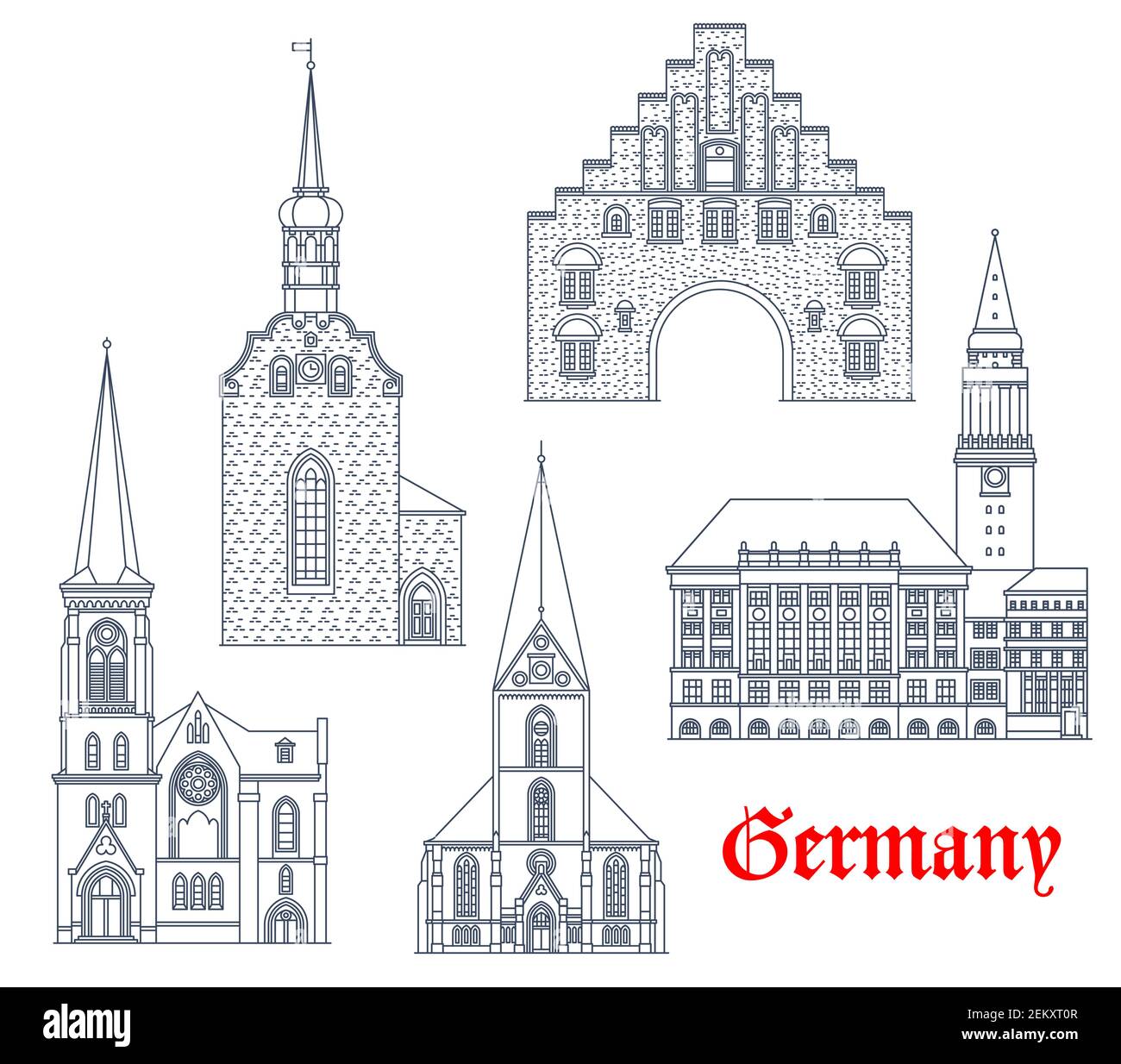 Allemagne monuments, architecture bâtiments icônes vecteur, les villes allemandes Schleswig Holstein cathédrales. Église Saint-Nikolai, Heiliggeistkirche et Marienki Illustration de Vecteur