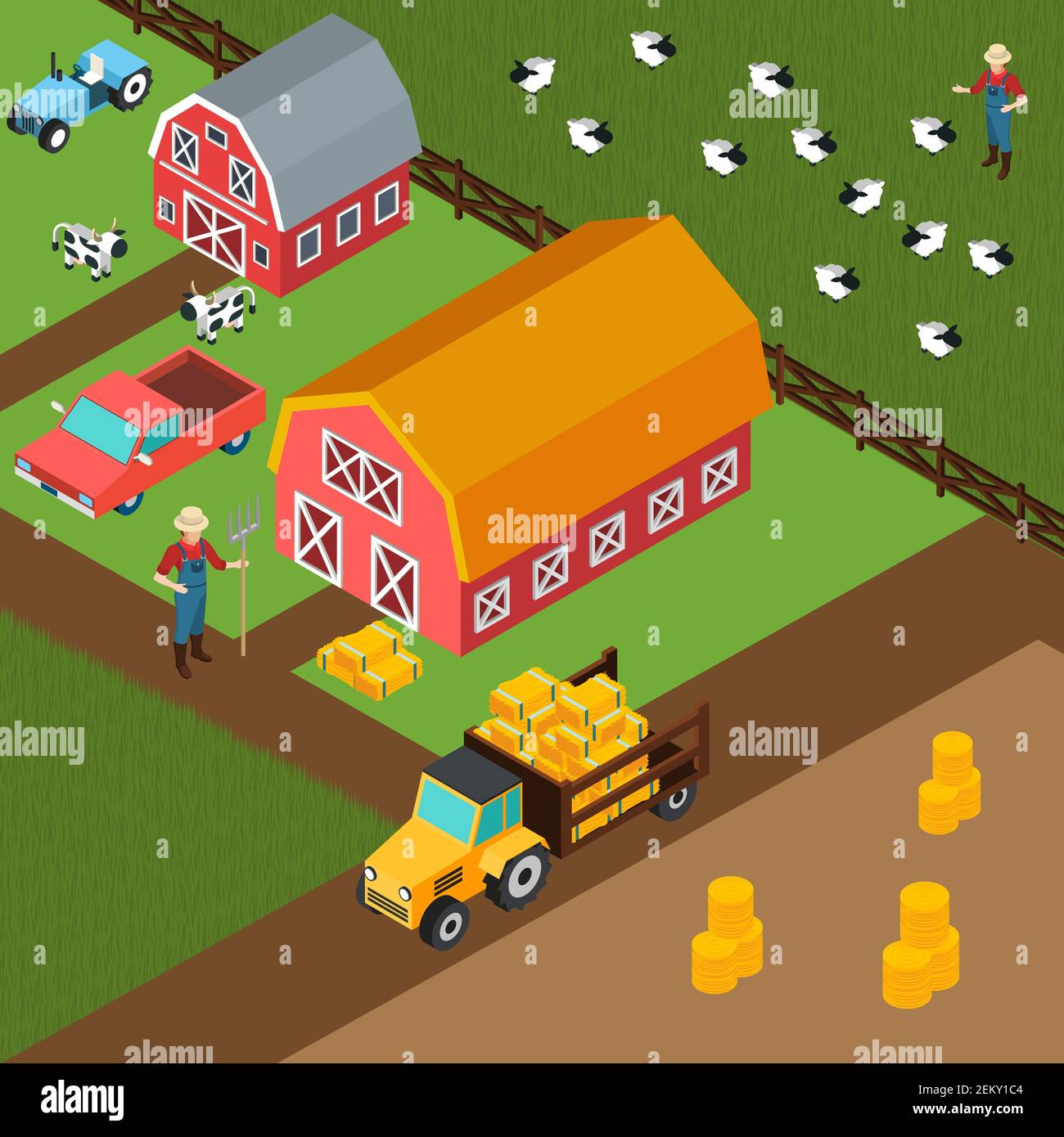 Arrière-plan 3D isométrique coloré avec des fermiers broutant des vaches et des moutons illustration du vecteur de foin à proximité du hangar Illustration de Vecteur