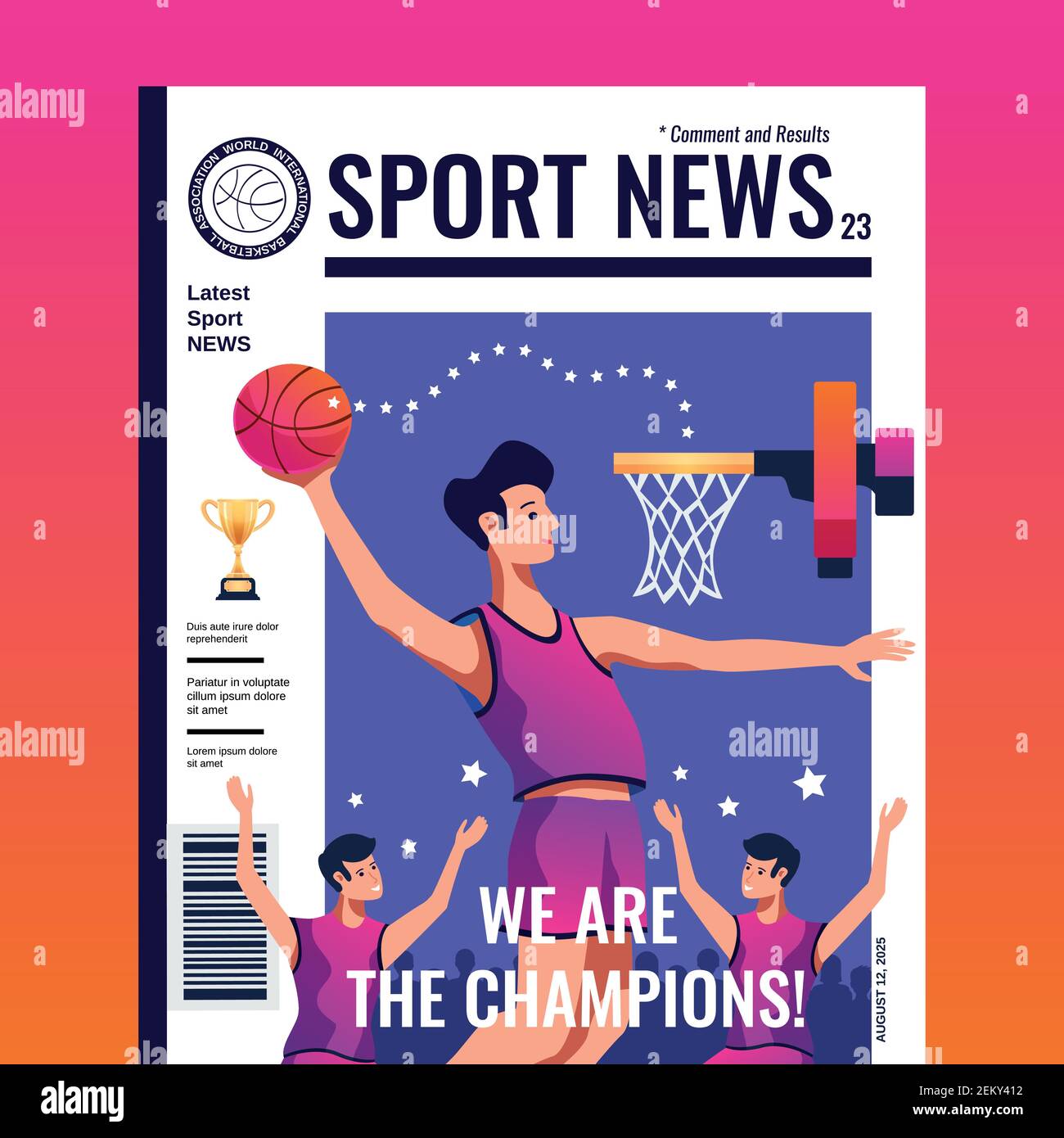 La couverture en couleur du magazine Sport News avec l'équipe de basket-ball est devenue des champions illustration vectorielle plate Illustration de Vecteur