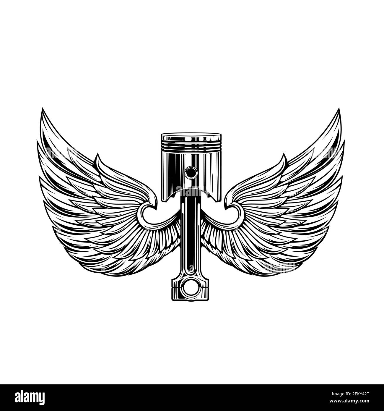 Piston à ailettes, tatouage monochrome symbole de course isolé. Icône de club de vélo Vector vintage, piston de voiture avec ailes. Championnat ou tournoi sur course, m Illustration de Vecteur
