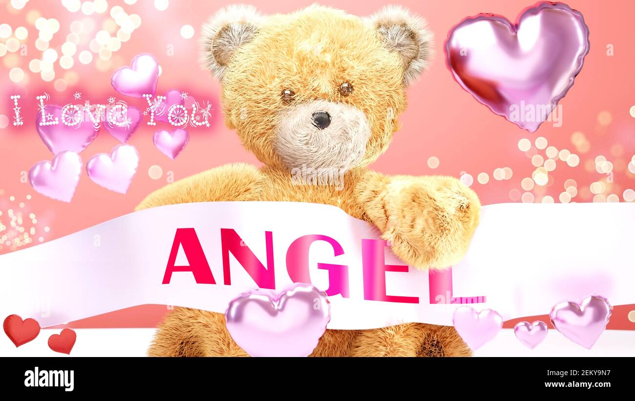 Je t'aime Angel - adorable et adorable ours en peluche lors d'un mariage, Saint-Valentin ou juste pour dire que je t'aime carte de célébration rose, joyeux, joyeux style de fête avec Banque D'Images