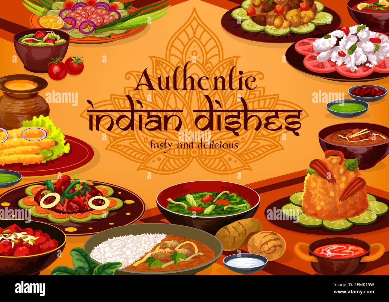 Cuisine indienne cuisine traditionnelle, menu indien authentique. Restaurant de cuisine indienne Vector petit-déjeuner et dîner, viande et légumes, curry Illustration de Vecteur