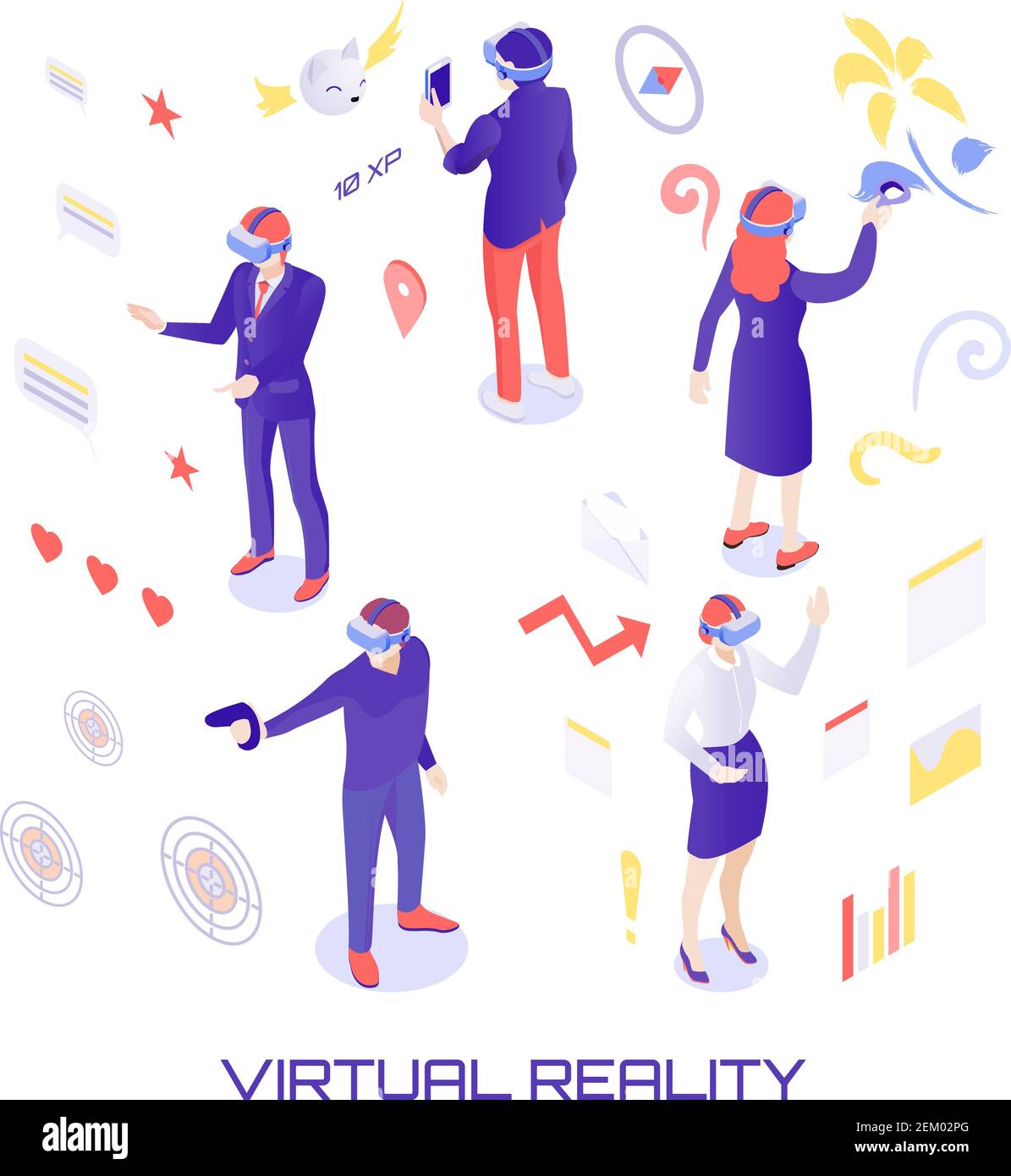 Personnages humains dans le monde virtuel pendant le chat, la peinture, le tir de canon, travail analytique avec l'information illustration vectorielle isométrique Illustration de Vecteur