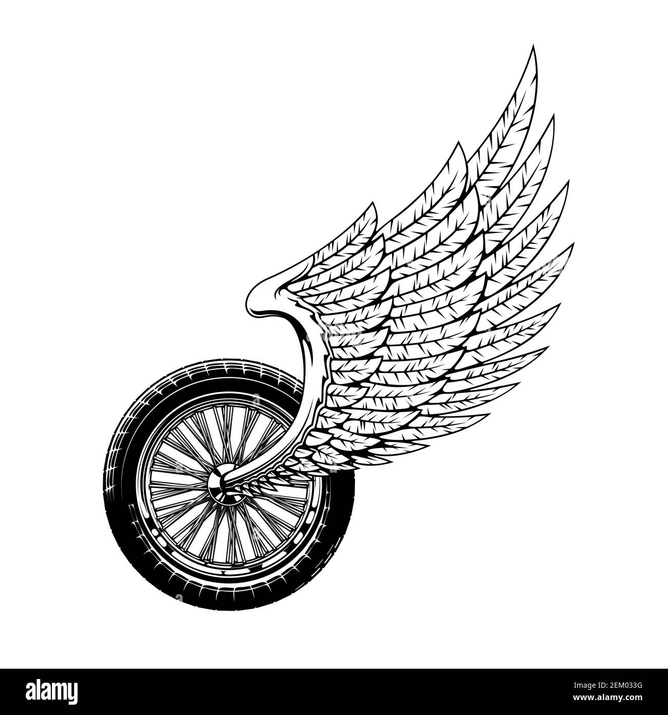 Icône de club de motards monochromes isolés de roues et d'ailes. Symbole de course de roue à ailettes Vector ou tatouage monochrome des culbuteurs. Étiquette de rallye moto ou de vélo, rac Illustration de Vecteur