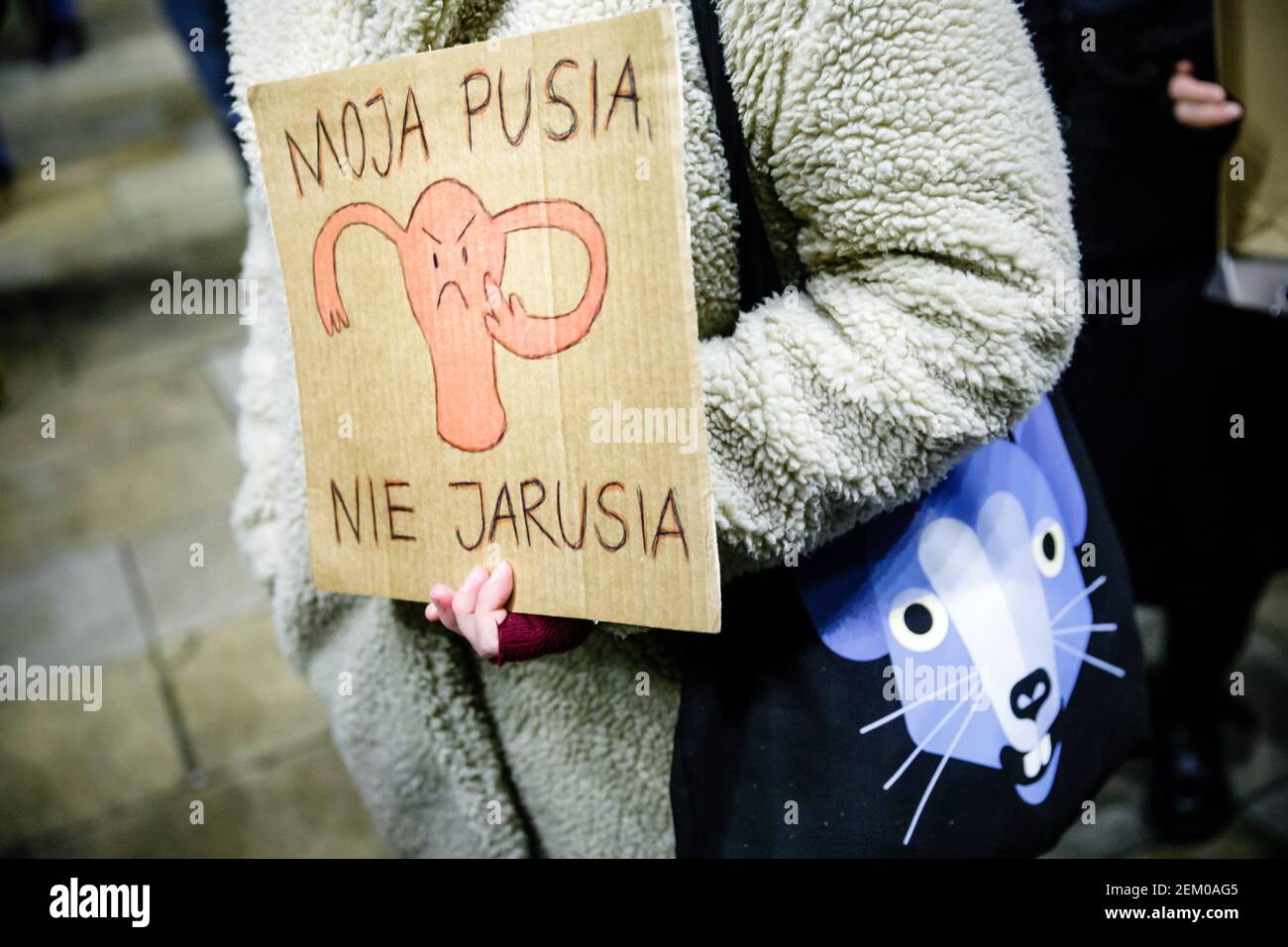 Un écriteau disant 'Ma chatte, et non Jarek' (Jaroslaw Kaczynski, chef du Parti droit et Justice, chef de facto de la Pologne) est vu détenu par un manifestant Banque D'Images